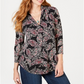 Camisa feminina plissada de malha paisley com decote em V, preta, vários tamanhos P