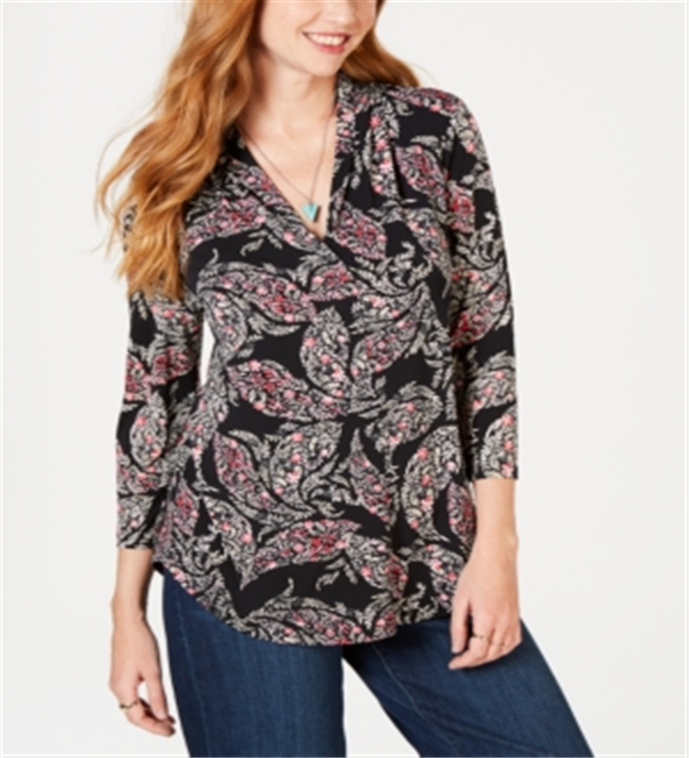 Camisa feminina plissada de malha paisley com decote em V, preta, vários tamanhos P
