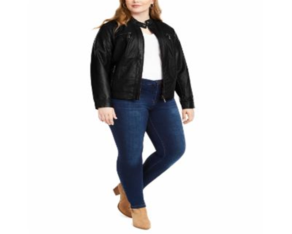 Jaqueta de couro sintético Jou Jou feminina da moda plus size preta tamanho XX-G