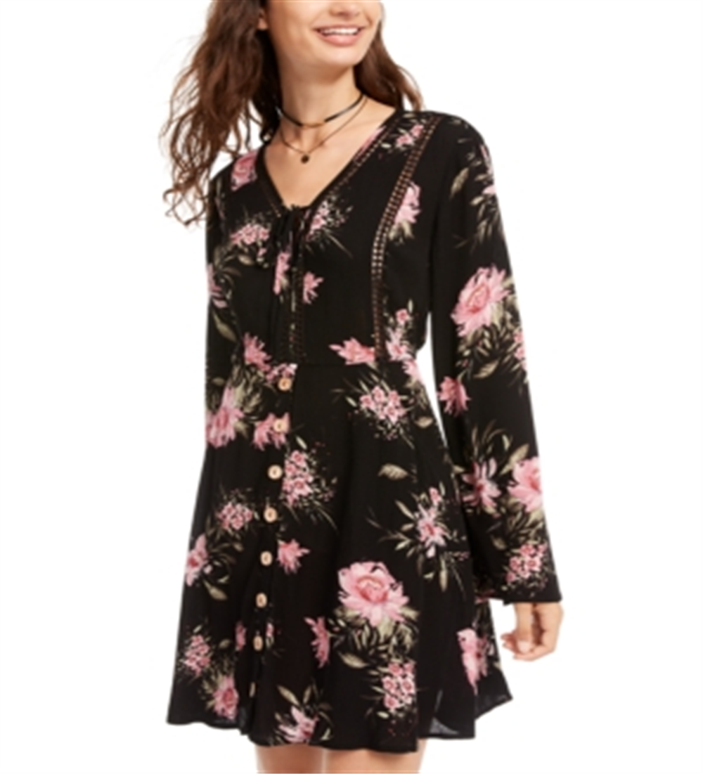 Vestido curto estampado American Rag Junior com manga sino, preto, tamanho pequeno