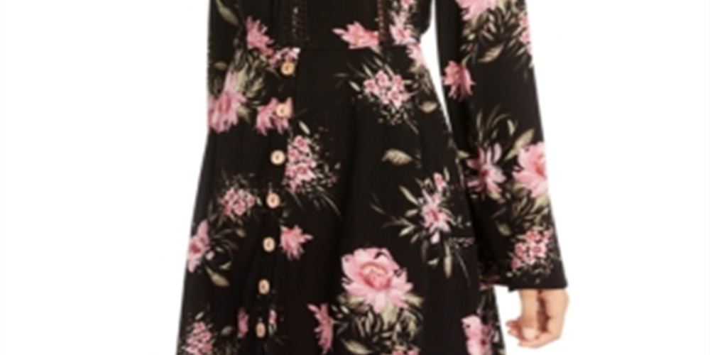 Vestido curto estampado American Rag Junior com manga sino, preto, tamanho pequeno