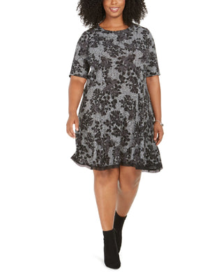 Vestido longo feminino Robbie Bee Plus com acabamento em crochê floral e manga curta, cinza, tamanho 2X