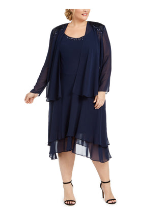 Vestido feminino plus size 2 peças com decote em V e decote em V, azul, tamanho 14W
