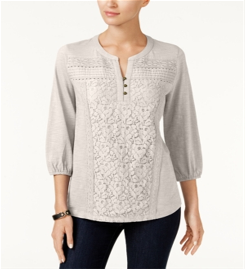 Top Henley Feminino com Renda Frontal Estilo &amp; Co StoneWall Tamanho PP