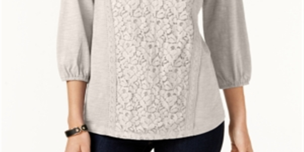 Top Henley Feminino com Renda Frontal Estilo &amp; Co StoneWall Tamanho PP
