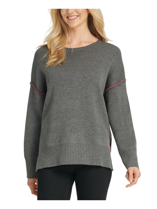 Suéter feminino DKNY de manga comprida e gola redonda, cinza, tamanho extragrande