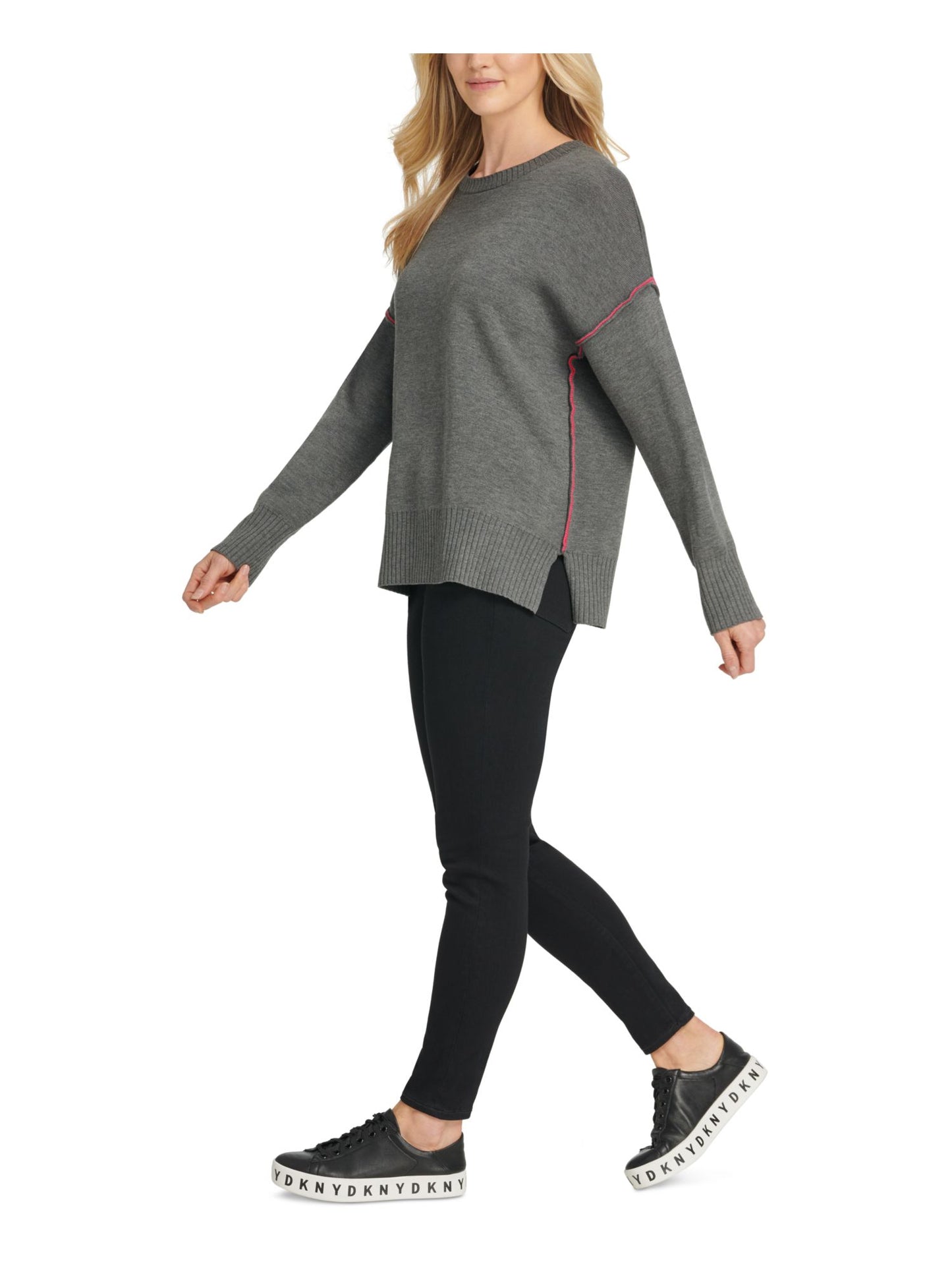 Suéter feminino DKNY de manga comprida e gola redonda, cinza, tamanho extragrande