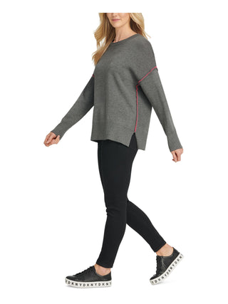 Suéter feminino DKNY de manga comprida e gola redonda, cinza, tamanho extragrande
