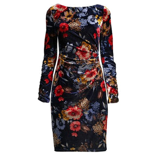 Vestido feminino Vince Camuto de veludo com estampa floral e bainha multicolorida, azul-marinho, tamanho 12