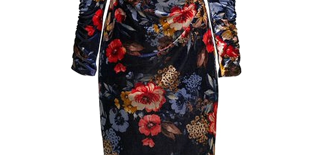 Vestido feminino Vince Camuto de veludo com estampa floral e bainha multicolorida, azul-marinho, tamanho 12