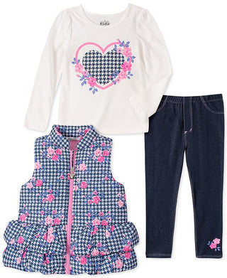 Conjunto infantil de 3 peças com colete pied-de-poule, camiseta e legging jeans, tamanho 6X, para meninas