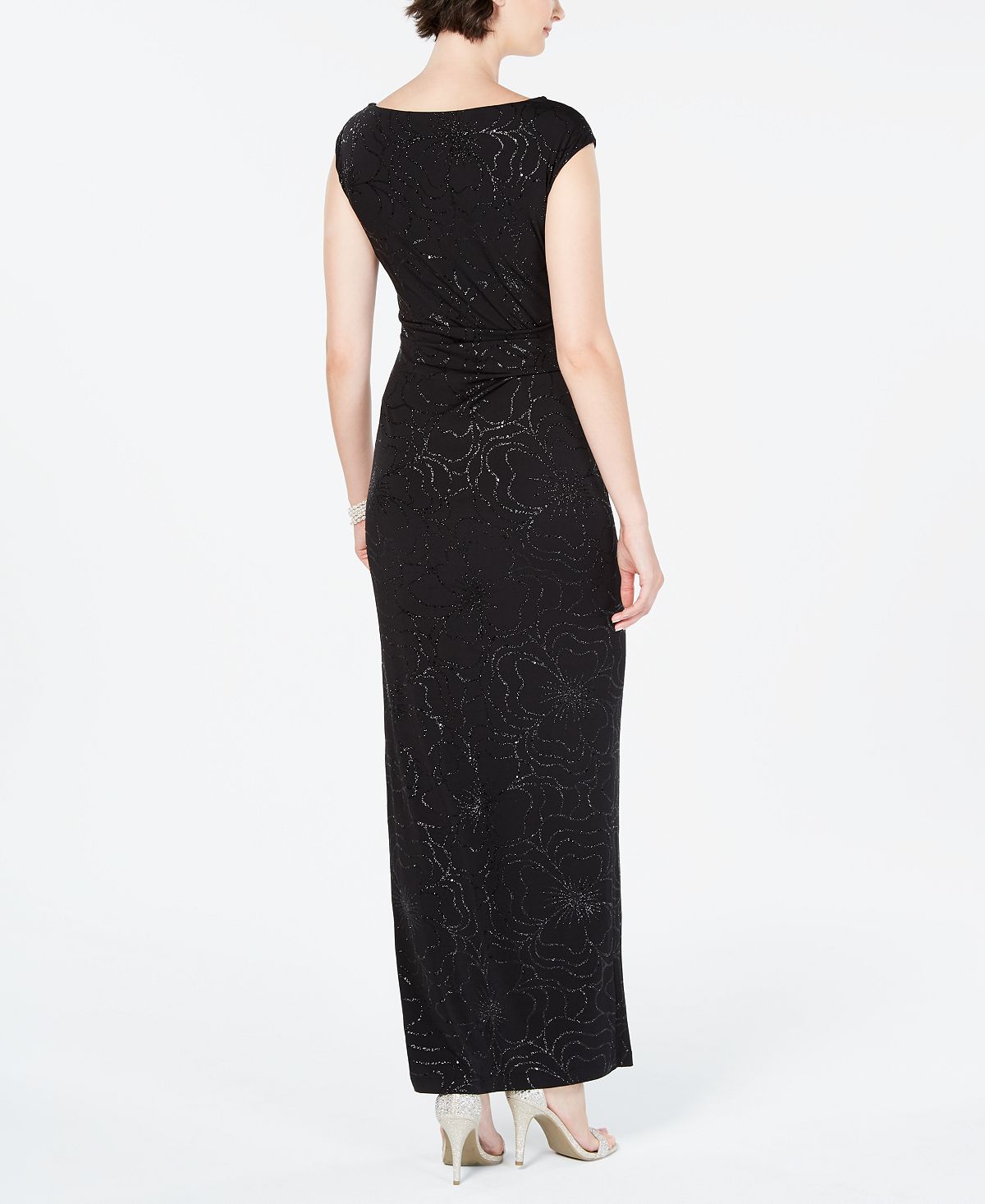 Vestido drapeado floral metálico feminino Jessica Howard, preto, tamanho 14