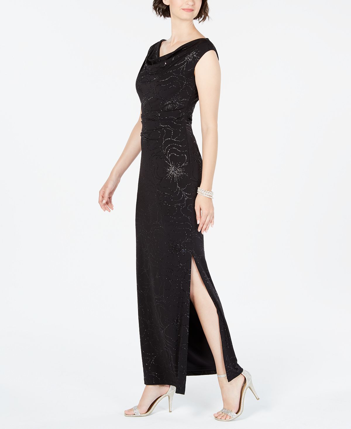 Vestido drapeado floral metálico feminino Jessica Howard, preto, tamanho 14