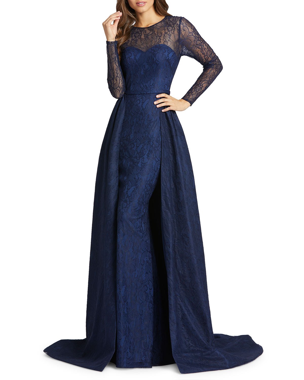 Mac Duggal Vestido longo de renda com sobressaia feminino, azul marinho, tamanho 16
