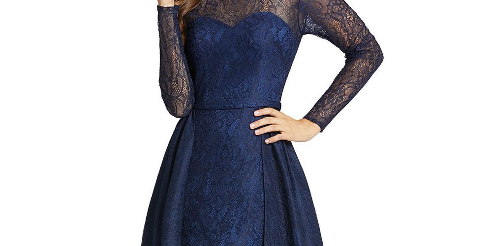 Mac Duggal Vestido longo de renda com sobressaia feminino, azul marinho, tamanho 16