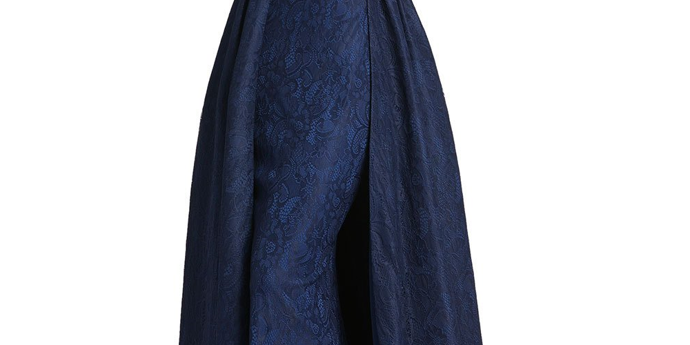 Mac Duggal Vestido longo de renda com sobressaia feminino, azul marinho, tamanho 16