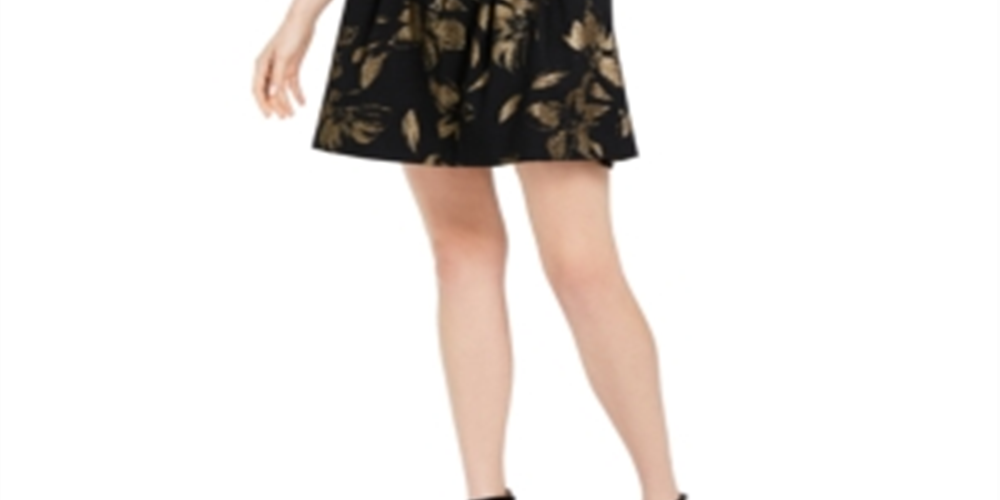 Vestido feminino Vince Camuto com estampa metálica, justo e evasê, preto/dourado, tamanho 0