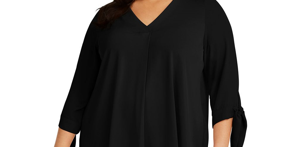 Blusa feminina Alfani com pregas nas costas e manga amarrada - preta, tamanho 1X