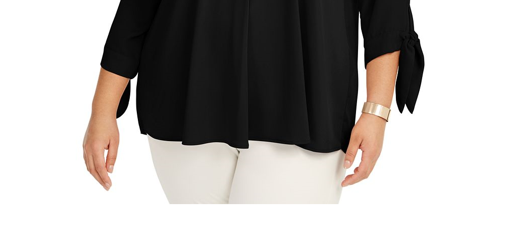 Blusa feminina Alfani com pregas nas costas e manga amarrada - preta, tamanho 1X