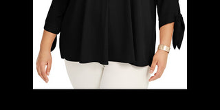 Blusa feminina Alfani com pregas nas costas e manga amarrada - preta, tamanho 1X