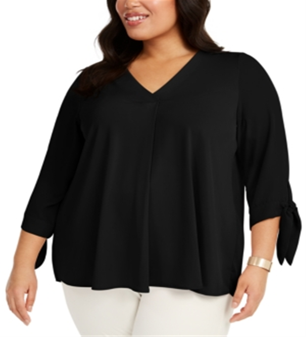 Blusa feminina Alfani com pregas nas costas e manga amarrada - preta, tamanho 1X