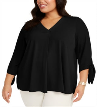 Blusa feminina Alfani com pregas nas costas e manga amarrada - preta, tamanho 1X