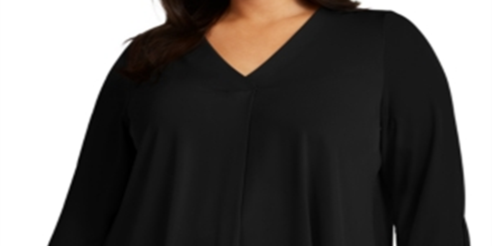 Blusa feminina Alfani com pregas nas costas e manga amarrada - preta, tamanho 1X