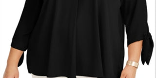 Blusa feminina Alfani com pregas nas costas e manga amarrada - preta, tamanho 1X