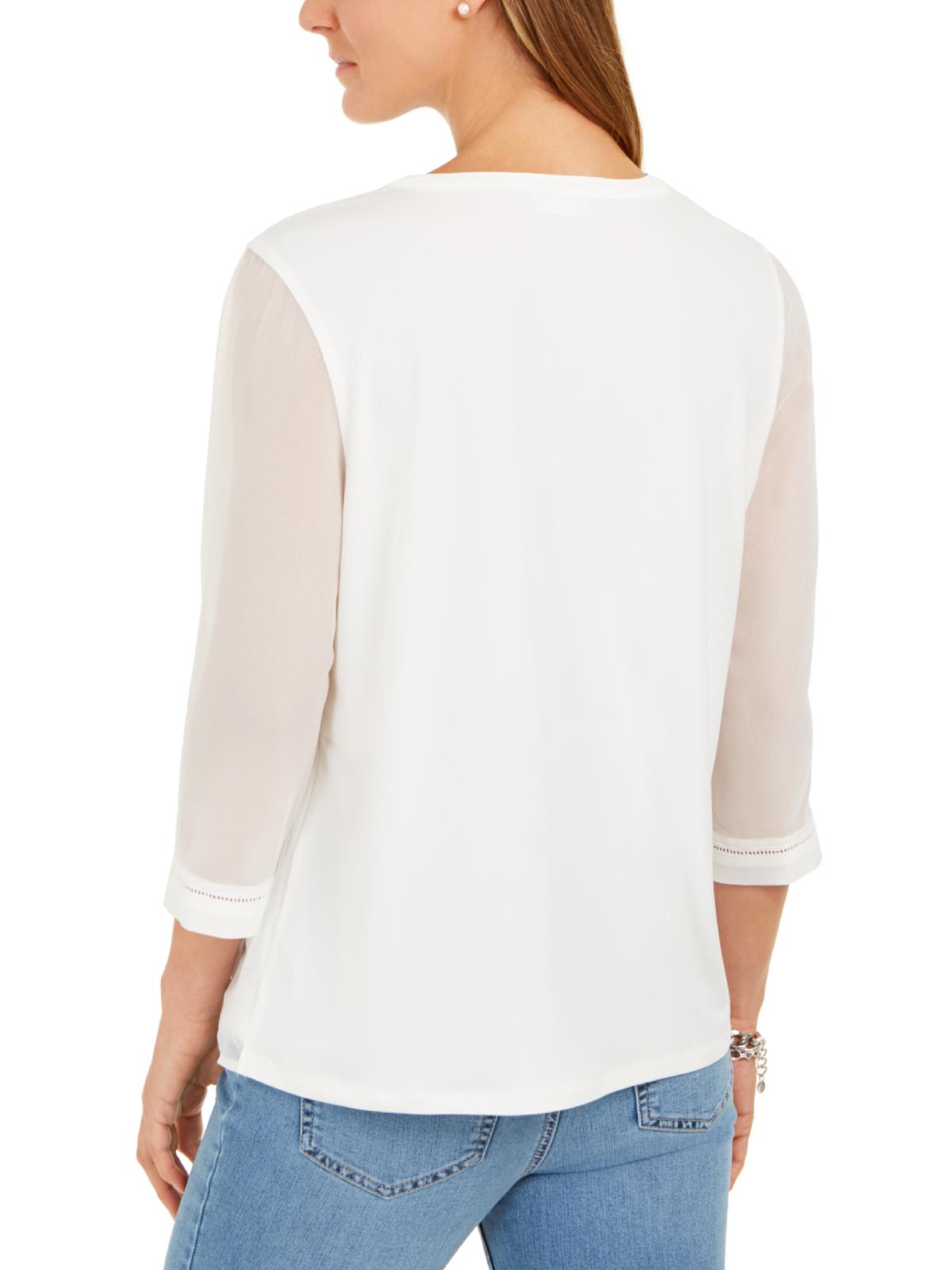 Blusa transparente feminina Charter Club com decote dividido, branca, tamanho pequeno