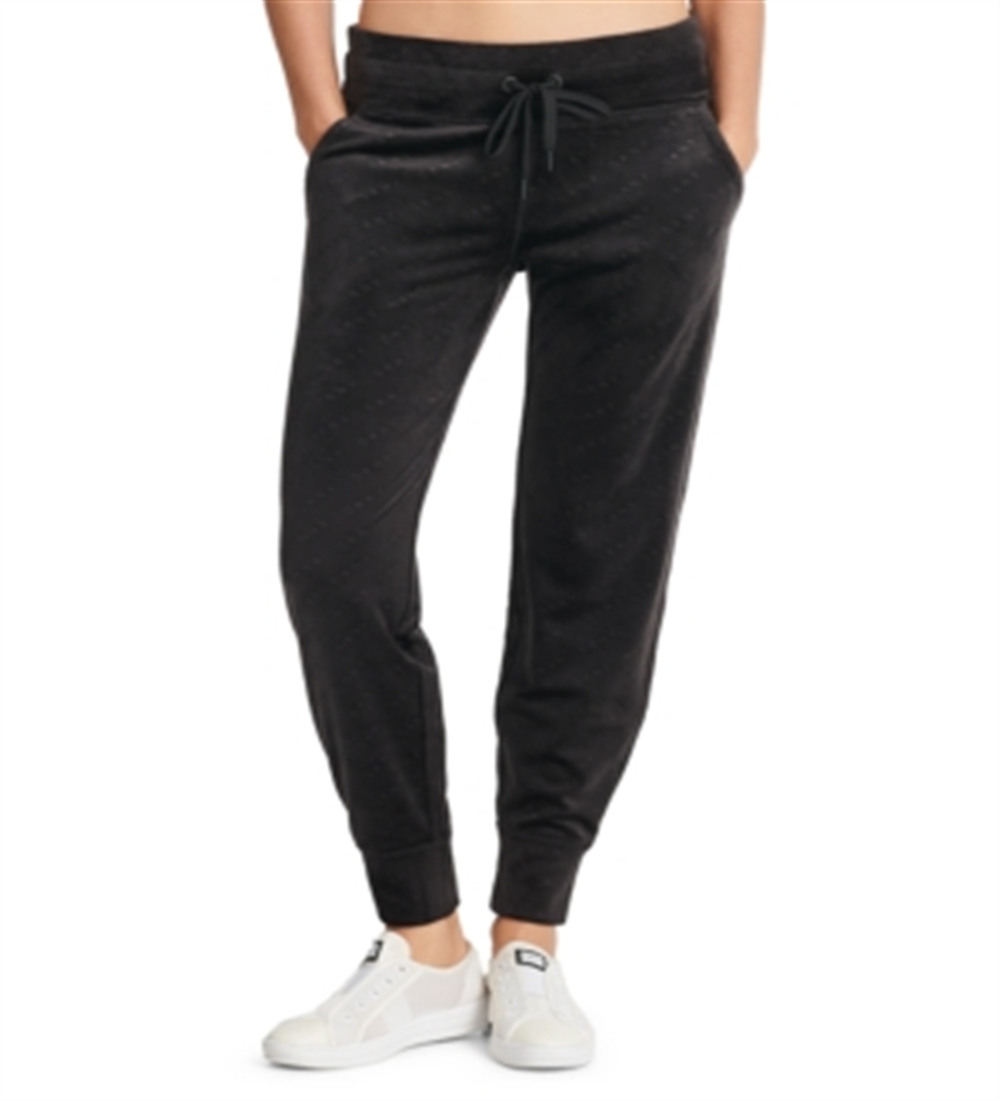 Calça de moletom feminina DKNY Sport Velour com estampa de logotipo, preta, tamanho XS
