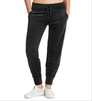 Calça de moletom feminina DKNY Sport Velour com estampa de logotipo, preta, tamanho XS