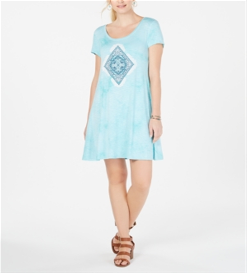 Vestido estilo camiseta feminino com decote redondo e estampa gráfica, azul, tamanho grande