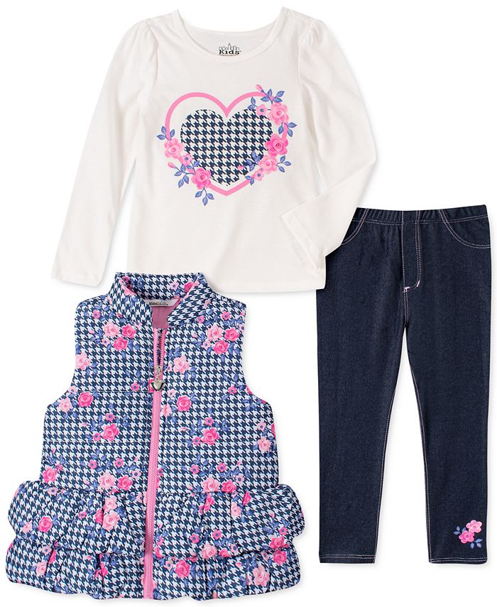 Conjunto infantil Headquarters para meninas, 3 peças, colete pied-de-poule, camiseta e legging jeans, azul, tamanho 6
