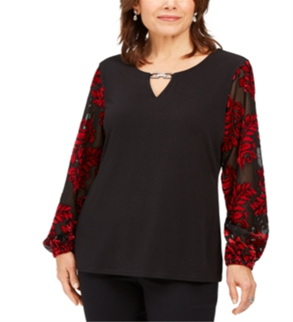 JM Collection Top feminino com manga de veludo enfeitado, preto, tamanho 2XL
