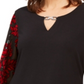JM Collection Top feminino com manga de veludo enfeitado, preto, tamanho 2XL