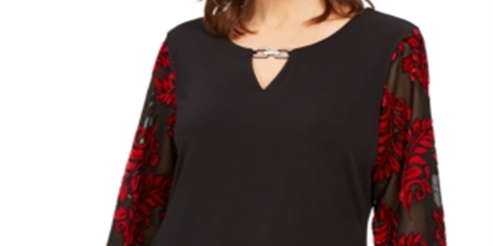 JM Collection Top feminino com manga de veludo enfeitado, preto, tamanho 2XL