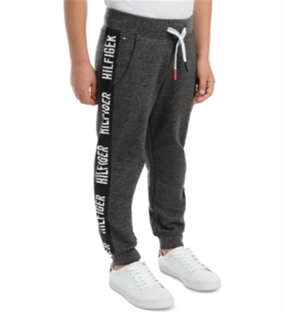 Calça de moletom Tommy Hilfiger infantil Shango com listras laterais em lã cinza, tamanho 3T