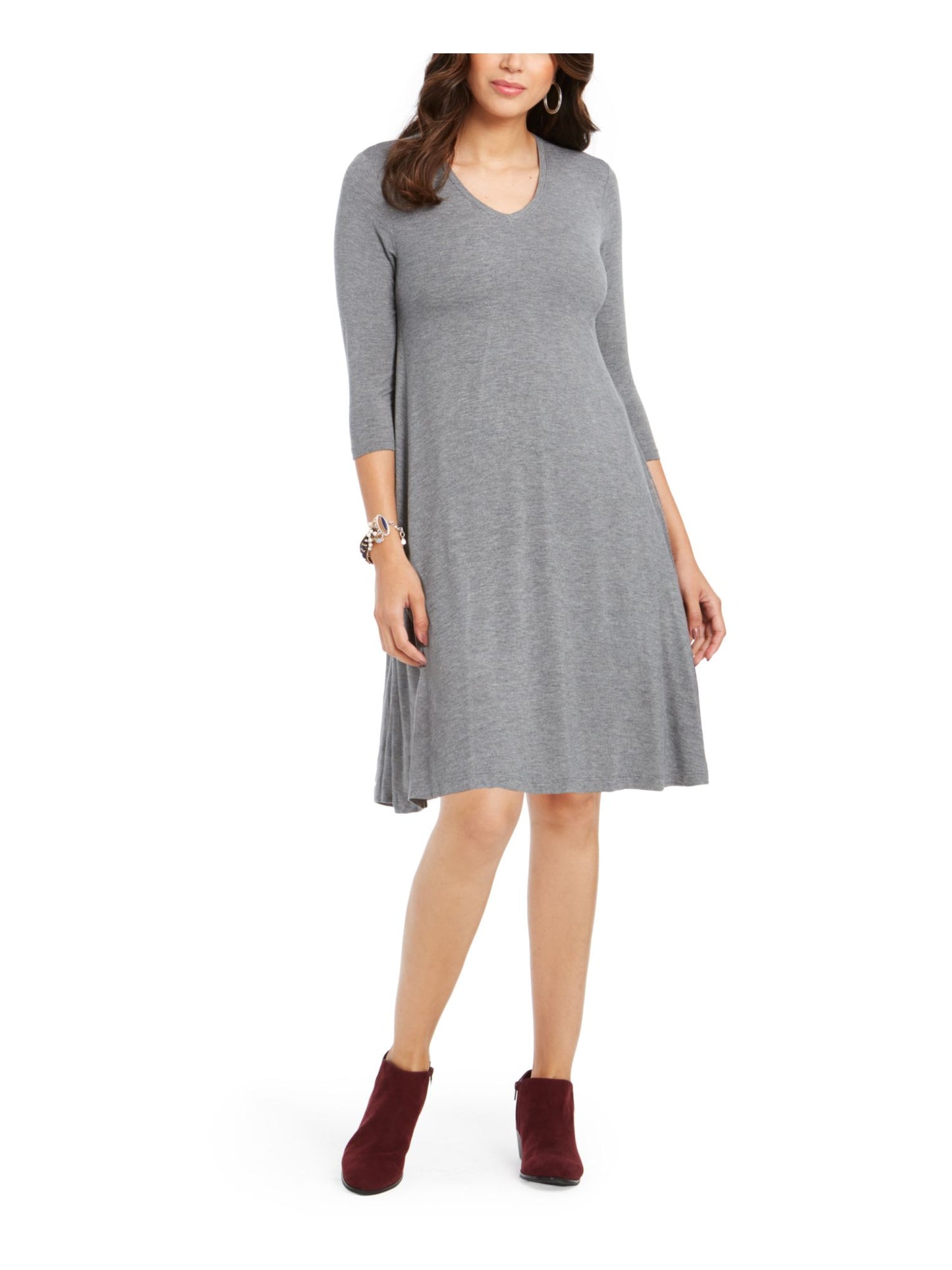 Vestido feminino estilo &amp; co, manga 3/4, decote em V, acima do joelho, ajuste flare, cinza, tamanho pequeno pequeno