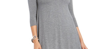 Vestido feminino estilo &amp; co, manga 3/4, decote em V, acima do joelho, ajuste flare, cinza, tamanho pequeno pequeno