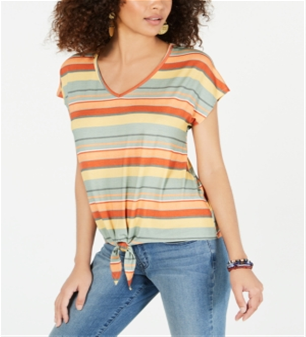 Camiseta feminina listrada com amarração frontal, estilo &amp; co, marrom, tamanho extragrande