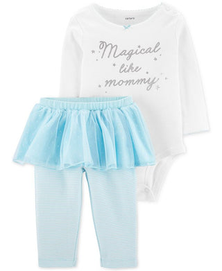 Body 'Magical Like Mommy' da Carter's Girl e leggings tutu listradas em água, tamanho 18MOS, branco