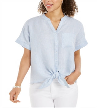 Camisa feminina Charter Club de linho com botões frontais e amarração, azul, tamanho pequeno