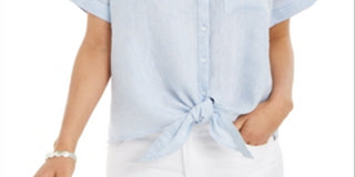 Camisa feminina Charter Club de linho com botões frontais e amarração, azul, tamanho pequeno