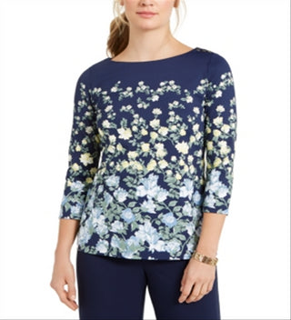 Charter Club Blusa feminina com estampa floral e decote canoa, azul, tamanho médio