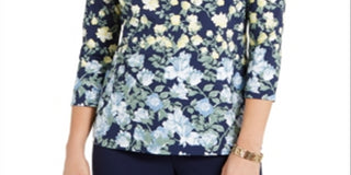 Charter Club Blusa feminina com estampa floral e decote canoa, azul, tamanho médio