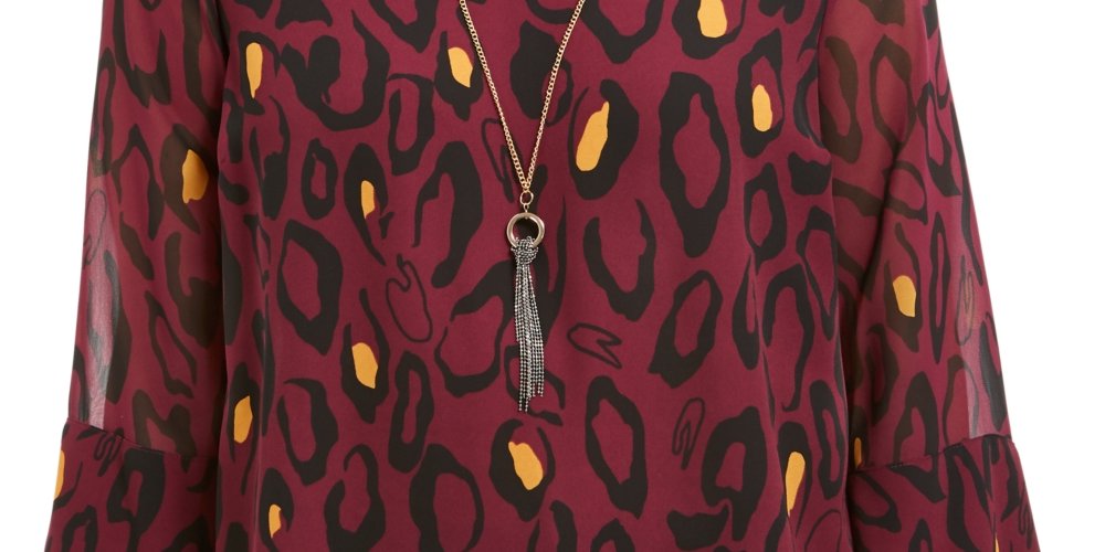 Blusa feminina com decote em V e colar JM Collection, tamanho vinho, pequena e pequena