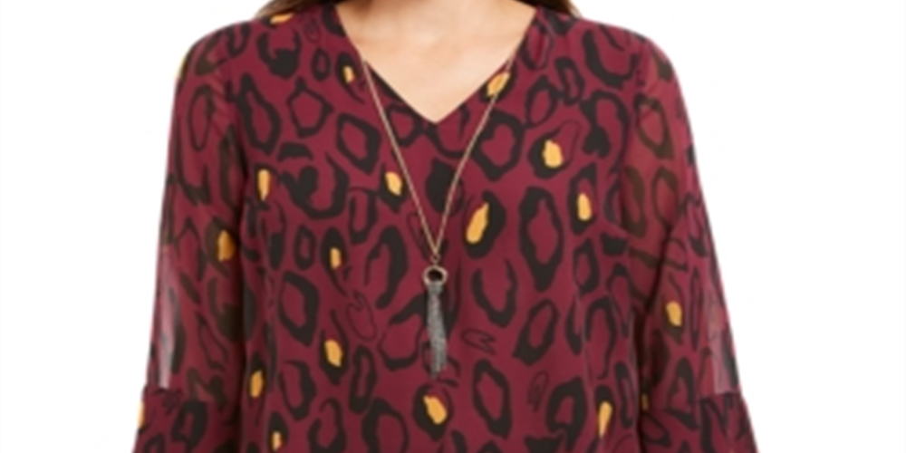 Blusa feminina com decote em V e colar JM Collection, tamanho vinho, pequena e pequena