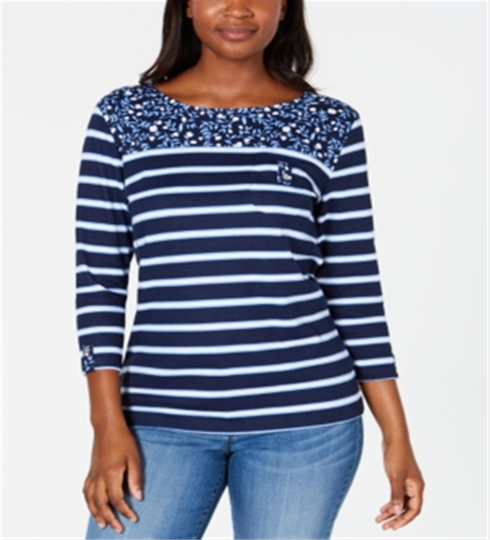 Karen Scott Top feminino esportivo listrado com estampa floral e jugo, azul, tamanho XX-G