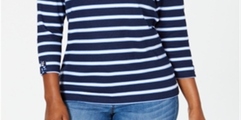 Karen Scott Top feminino esportivo listrado com estampa floral e jugo, azul, tamanho XX-G