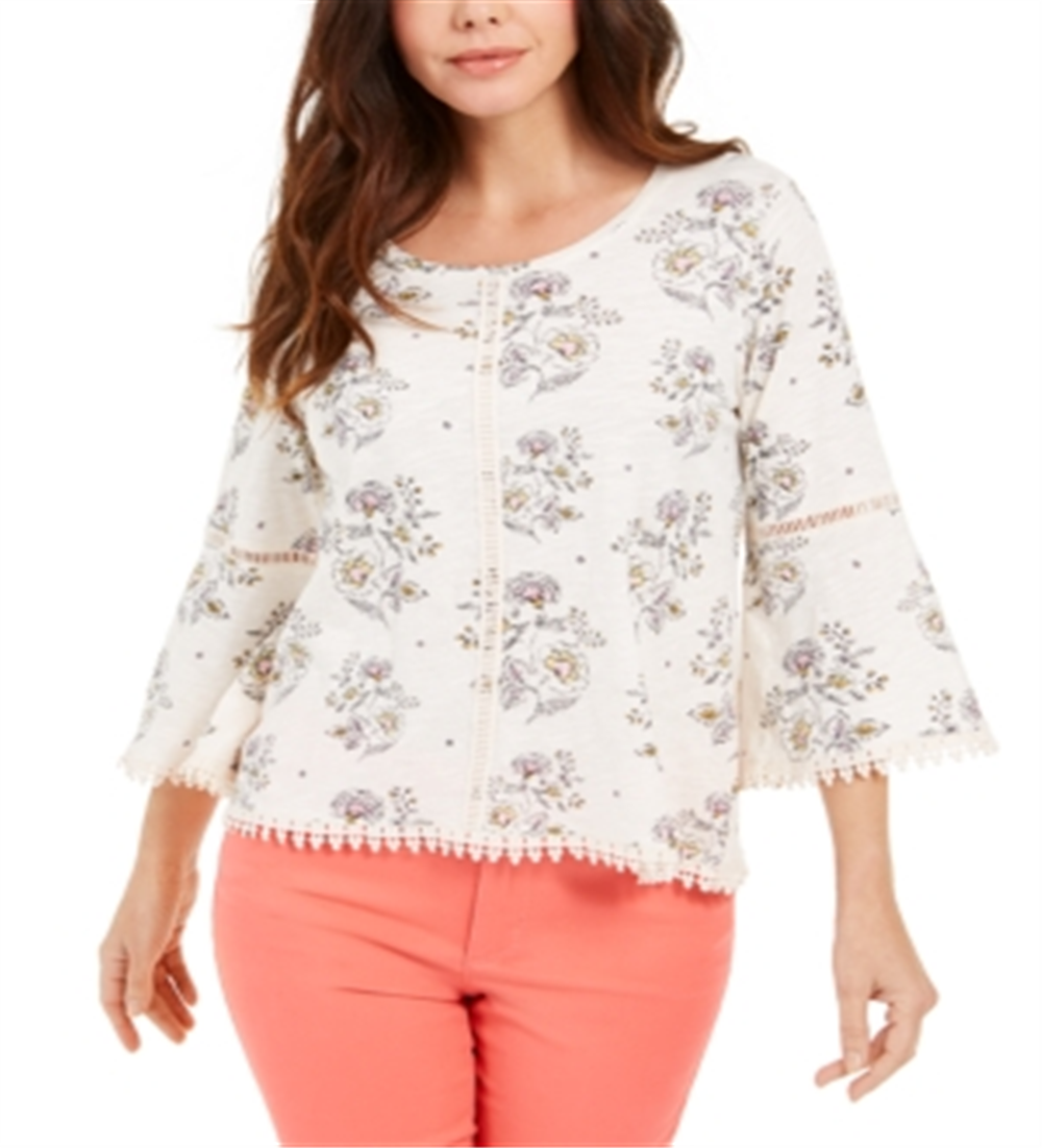 Blusa feminina estampada com manga lanterna estilo &amp; co, branca, tamanho pequeno